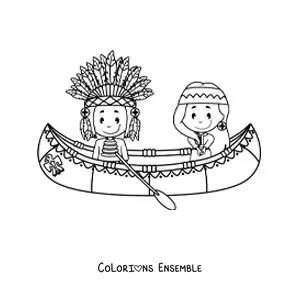 Image à colorier d'Amérindiens animés dans un canoë