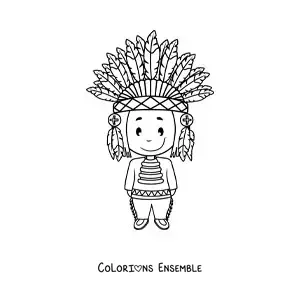 Image à colorier d'un Amérindien d'une tribu avec une coiffe de plumes