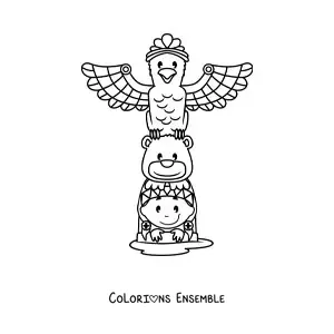 Image à colorier d'un totem des tribus amérindiennes animé kawaii