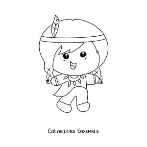 Image à colorier d'une fille d'une tribu amérindienne animée kawaii