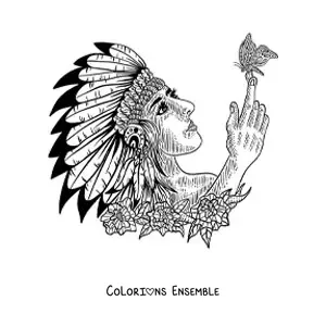 Image à colorier d'un Amérindien d'une tribu avec une coiffe de plumes et un papillon