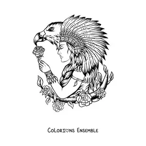 Image à colorier d'un Amérindien d'une tribu avec une coiffe de plumes et un aigle