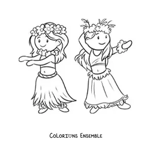 Image à colorier de petites filles hawaïennes qui dansent le hula