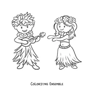 Image à colorier d'un petit garçon hawaïen avec une guitare et une danseuse de hula