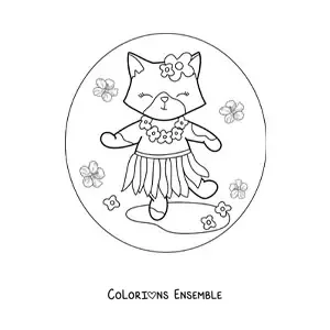 Image à colorier d'une chatte animée qui danse le hula