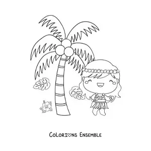 Image à colorier d'une danseuse de hula animée kawaii à côté d'un palmier