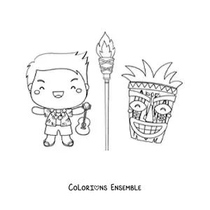 Image à colorier d'un petit garçon kawaii animé avec une guitare et un masque tiki