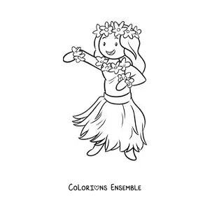 Image à colorier d'une petite fille danseuse de hula