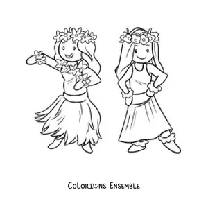 Image à colorier de petites filles danseuses de hula