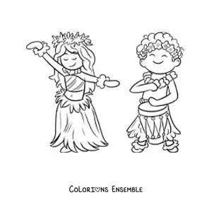 Image à colorier d'un petit garçon hawaïen avec un tambour et une danseuse de hula