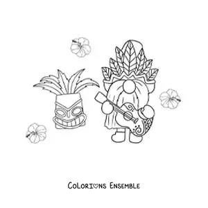 Image à colorier d'un lutin animé qui joue de la guitare avec un masque tiki