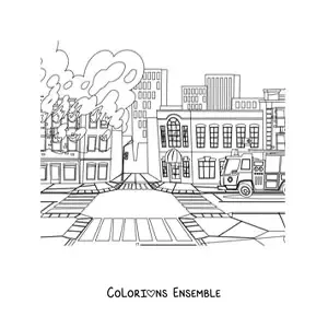 Image à colorier d'un camion de pompiers à côté d'un immeuble en flammes