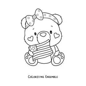 Image à colorier d'une ourse animée kawaii avec le drapeau des États-Unis