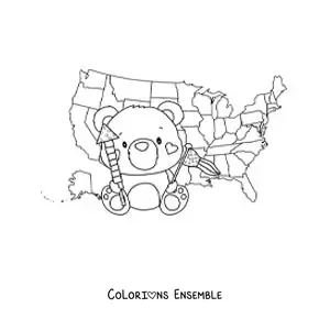 Image à colorier d'un ours animé kawaii avec le drapeau et la carte des États-Unis
