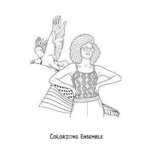 Image à colorier d'une fille américaine avec le drapeau et un aigle