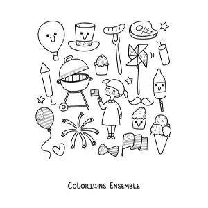 Image à colorier d’une fille entourée de symboles kawaii de la culture des États-Unis