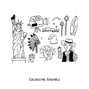 Image à colorier de la Statue de la Liberté et de symboles de la culture américaine