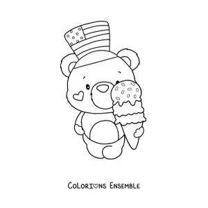Image à colorier d’un ours kawaii avec une glace et un chapeau aux couleurs des États-Unis