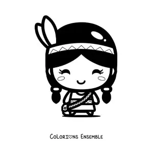Image à colorier d’une petite fille amérindienne kawaii