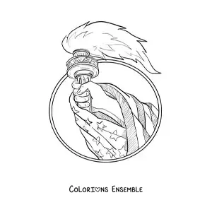 Image à colorier d’une main tenant le flambeau de la liberté avec le drapeau des États-Unis