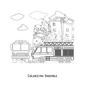 Image à colorier d'un camion de pompiers devant un grand incendie