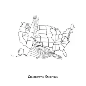 Image à colorier d’un aigle tenant le drapeau américain avec la carte des États-Unis