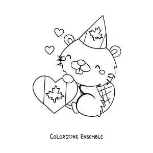 Image à colorier d’un castor canadien kawaii avec le drapeau du Canada