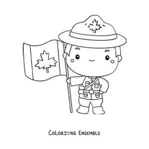 Image à colorier d’un petit garçon policier du Canada kawaii avec le drapeau