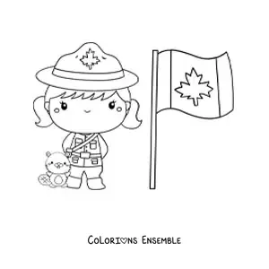 Image à colorier d’une petite fille policière du Canada kawaii avec le drapeau et un castor
