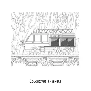 Image à colorier d'un camion de pompiers sur un feu de forêt