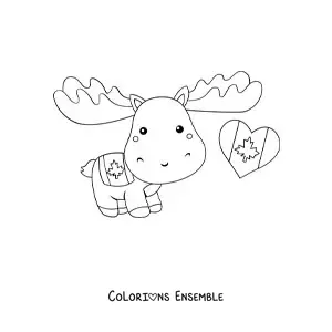 Image à colorier d’un orignal canadien kawaii avec le drapeau du Canada