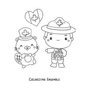 Image à colorier d’un policier du Canada avec le drapeau et un castor