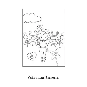Image à colorier d’une petite fille qui fête la fête du Canada