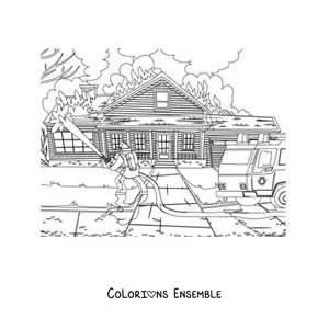 Image à colorier d'un pompier en train d'éteindre un incendie