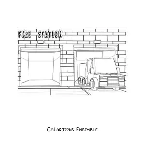 Image à colorier d'un camion de pompiers à la caserne