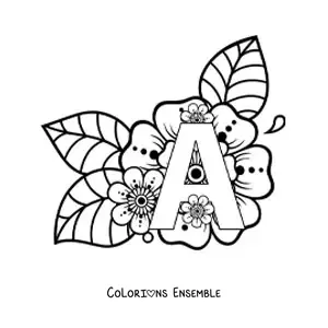 Image à colorier de la lettre A décorée de fleurs