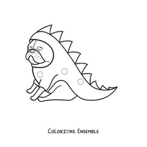 Image à colorier d’un carlin déguisé en crocodile, assis