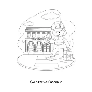 Image à colorier d'un pompier animé à la caserne