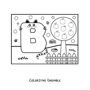 Image à colorier de la lettre B en forme de chat rigolo dans le parc