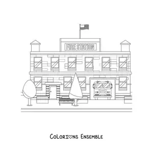 Image à colorier d'un camion de pompiers garé à la caserne