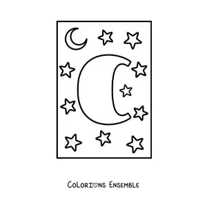 Image à colorier de la lettre C majuscule avec des étoiles et une lune