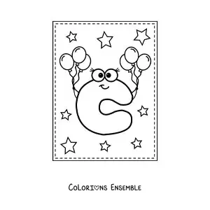 Image à colorier de la lettre C majuscule rigolote avec des ballons