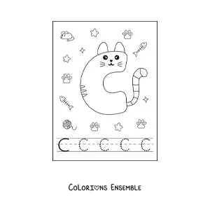 Image à colorier de la lettre C en forme de chat rigolo