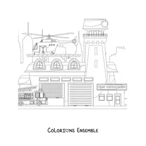 Image à colorier de véhicules de secours à la caserne de pompiers