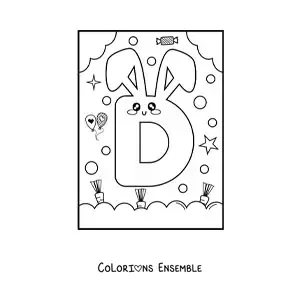 Image à colorier de la lettre D en forme de lapin kawaii