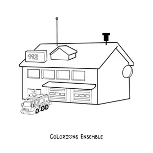 Image à colorier d'un camion de pompiers sortant de la caserne