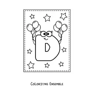Image à colorier de la lettre D majuscule rigolote avec des ballons