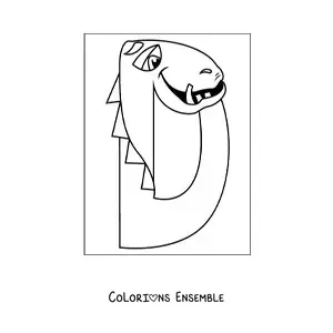 Image à colorier de la lettre D en forme de dinosaure rigolo
