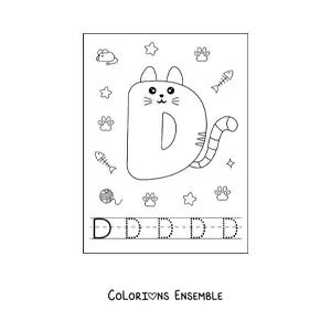 Image à colorier de la lettre D en forme de chat rigolo