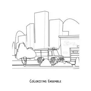 Image à colorier d'un camion de pompiers en ville